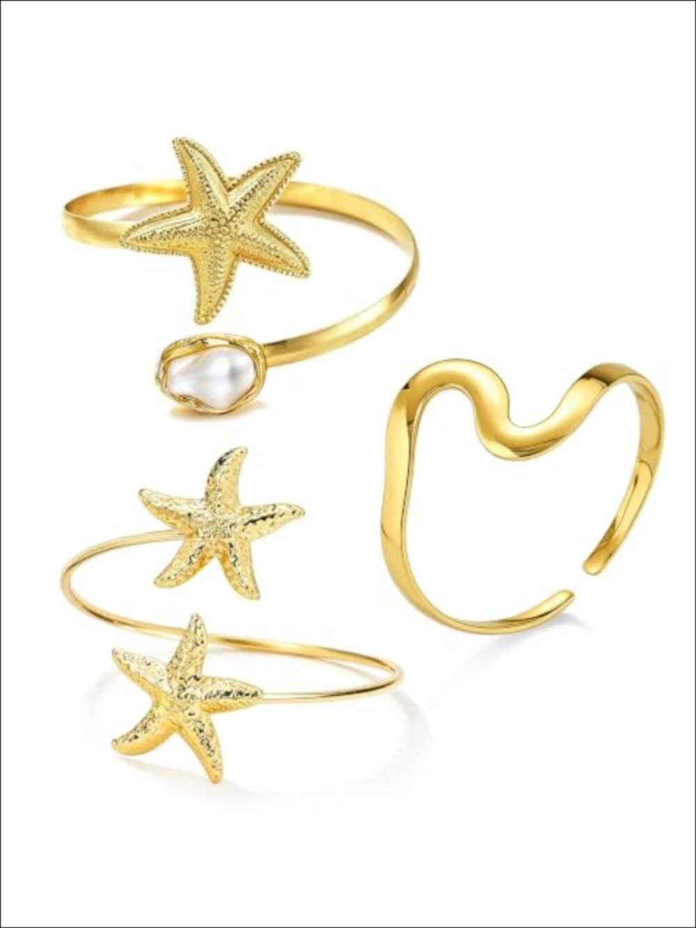 3 Pc Gold Plated Stainless Steel Starfish Arm Cuff Bracelet Set Adjustable